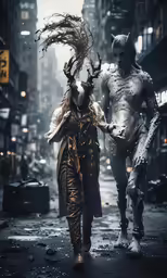 a couple of people walking down a street