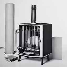 an old model stove sitting in front of two smaller poles