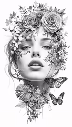 the face of a woman with flowers and butterflies on her face