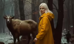 a person in yellow jacket standing near cows
