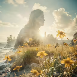 a beautiful woman sitting on top of yellow flowers