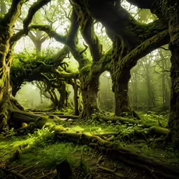 green forest with large tree trunks and some leaves