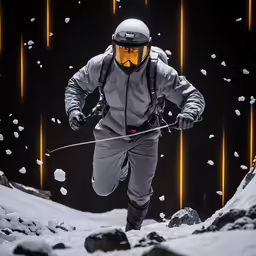 a man riding skis while wearing a gear and goggles