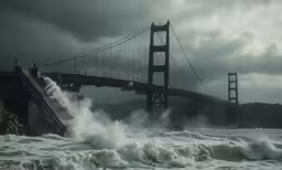 a big bridge spanning over some water with foam coming out