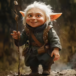 a troll with white hair and orange eyes wearing green clothes
