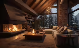 a large, open - concept room features a fireplace and a modern couch