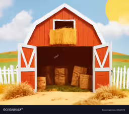a painting of a red barn and white fence,a red barn with hay inside and clouds overhead