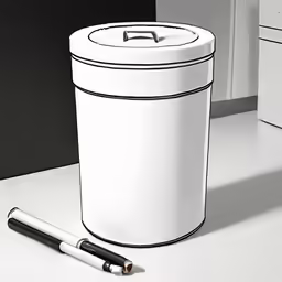 there is a drawing of a trashcan and a pen