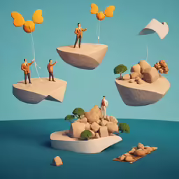 two men with balloons standing on a floating island