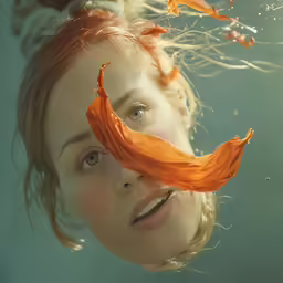 the woman is posing for a photo under water
