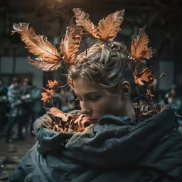 a woman in autumn leaves has her face covered by the leaves
