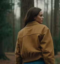 a woman wearing a brown jacket is looking in a forest