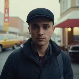 man in a hat stands on the side walk of an upscale street