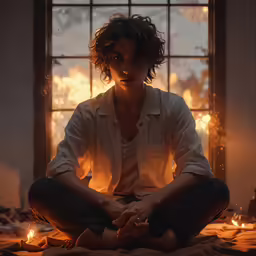 a man in the middle of a meditation pose with candles burning behind him