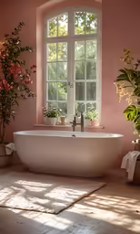 a bathtub, a window and some flowers in a room
