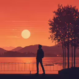 a man standing on a dock looking out over water with a sunset behind him,a man stands on a platform near a lake as the sun sets