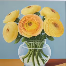 a painting of yellow roses in a vase,a painting of yellow flowers in a clear vase,a painting of yellow flowers in a glass vase,there is a painting of flowers in a vase,the flowers are yellow in the vase on the table