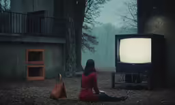 a woman sitting in the middle of a forest