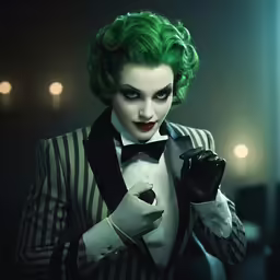 the joker from suicide city with green hair wearing a striped suit and black gloves