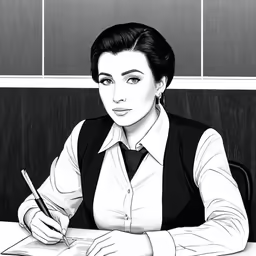 a lady sitting at a desk doing something while writing