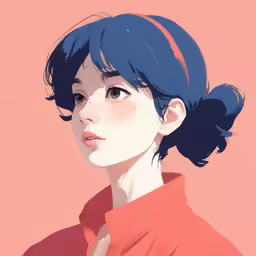 the woman with blue hair is wearing an orange blouse