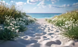 there is a sandy beach with many white flowers