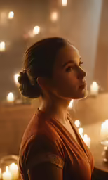 a woman is sitting down with some candles