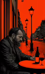 an illustration of a man sitting at a table with a glass of wine