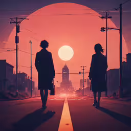 the sun rises behind two people walking on the street,two people are silhouetted against a cityscape sunset