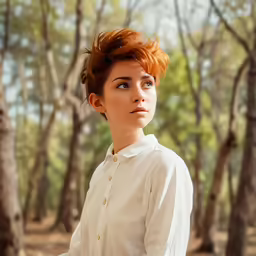 woman in white shirt standing in woods looking to the side