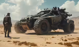 a person standing in front of an off road vehicle