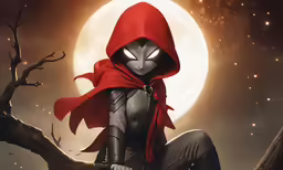 the evil superhero sitting on a tree branch with the moon in the background