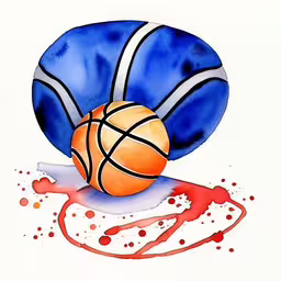 a basketball ball is sitting in the air near paint drops,a ball is inside of a blue ball with red splots