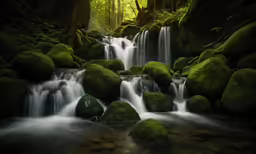 the water is running under the moss covered rocks