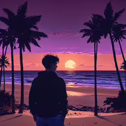 a person standing on the beach with palm trees,a man standing at the beach in front of some palm trees