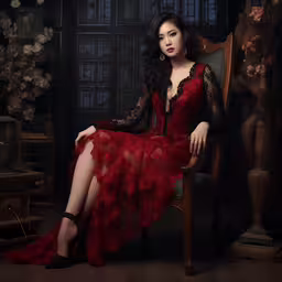 a young asian woman wearing a red dress sitting on a chair,a woman is sitting on a chair wearing a red dress