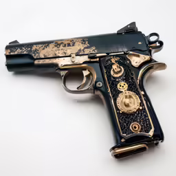 an antique gun with golden gears, which was stolen from its owners