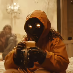 a person in a yellow gas mask holds a camera