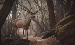 a white tailed deer in the woods standing at a trail