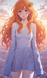 a red haired anime girl with long hair standing in front of the sunset