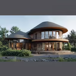 a large round shaped house with an outdoor living area