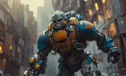 a futuristic looking robot standing in a city street