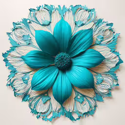 this is a wall hanging of blue and white fabric flowers,an artistic piece has been displayed with turquoise flowers