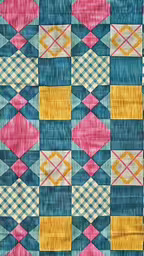 a very colorful quilt with some patterns on it,a quilt made from squares and squares in blue, yellow, and pink