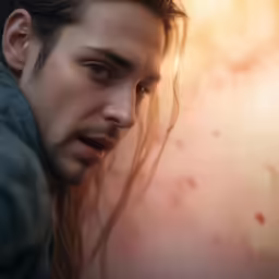 a closeup shot of a man with long hair