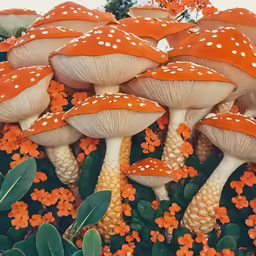 mushrooms with orange and white spots grow on the plants