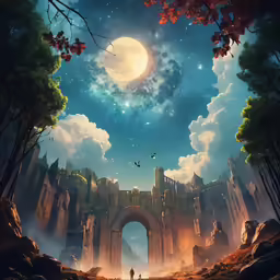 a painting of a man standing in an alien valley