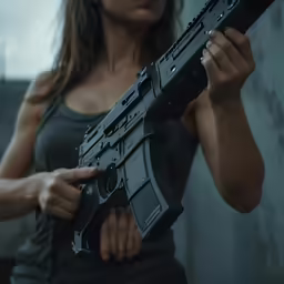 a girl holding a large rifle in her hand