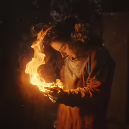 a woman holding up a lit fire in her hands