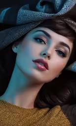 beautiful woman with blue eyes and gold sweater wearing a hat